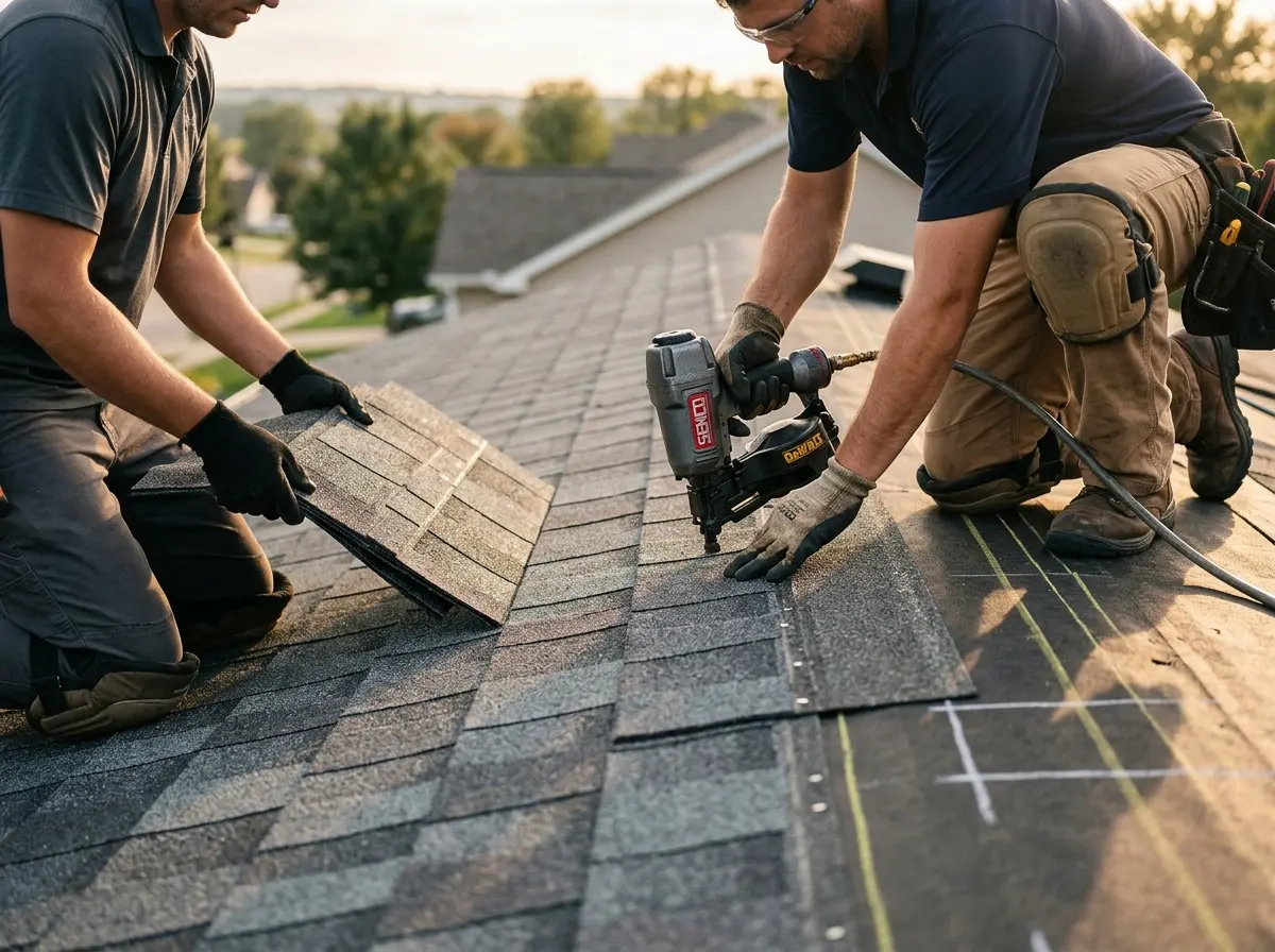 Professional roofer working on a residential roof in Grosse Pointe Farms